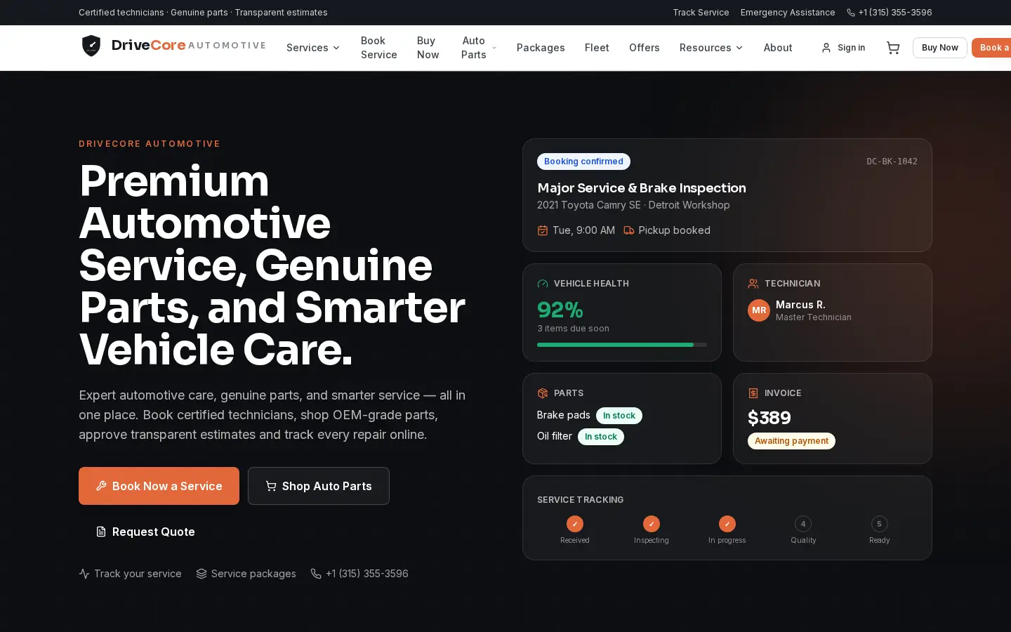 DriveCore Automotive website — homepage